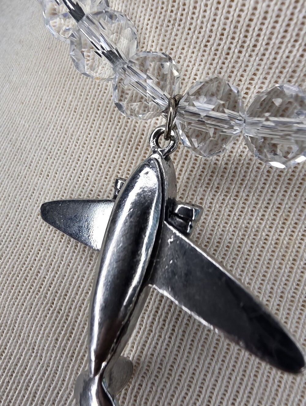 Silver Airplane Pendant Necklace with Clear Beads - Unisex Jewelry - Picture 11 of 14